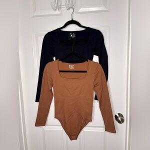 OQQ 2-Piece Long Sleeve Square Neck Bodysuit Set – Brown & Black – Size M